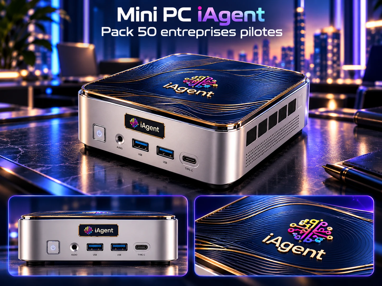 Agrandir Affiche Mini PC iAgent, pack 50 entreprises pilotes : la Box iAgent bleue sur un bureau, vue de face et en gros plan