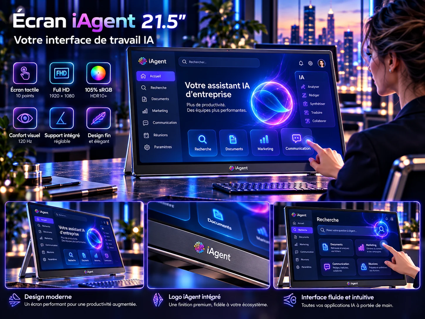 Agrandir Affiche Écran iAgent 21,5 pouces : l’écran tactile iAgent et son support intégré, l’application iAgent à l’écran