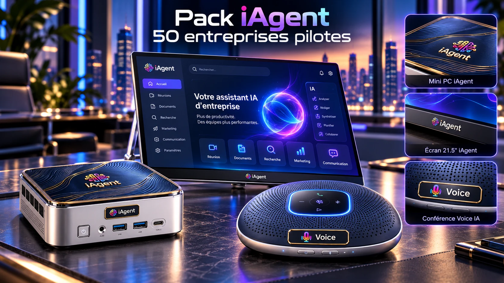 Agrandir Affiche Pack iAgent, 50 entreprises pilotes : la Box iAgent, l’écran iAgent et l’enceinte iAgent Voice sur un bureau