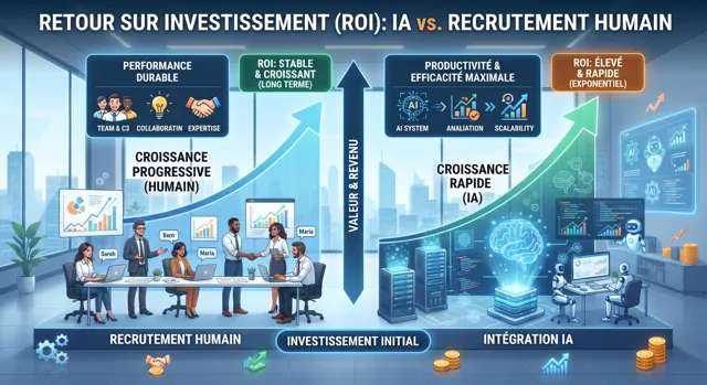 Illustration de la question : Quel est le véritable retour sur investissement d'un collaborateur IA par rapport à un recrutement humain ?