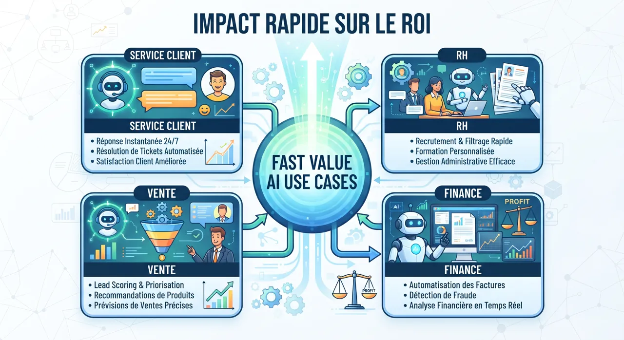 Illustration de la question : Quels cas d'usage (service client, RH, vente, finance) génèrent de la valeur le plus rapidement ?