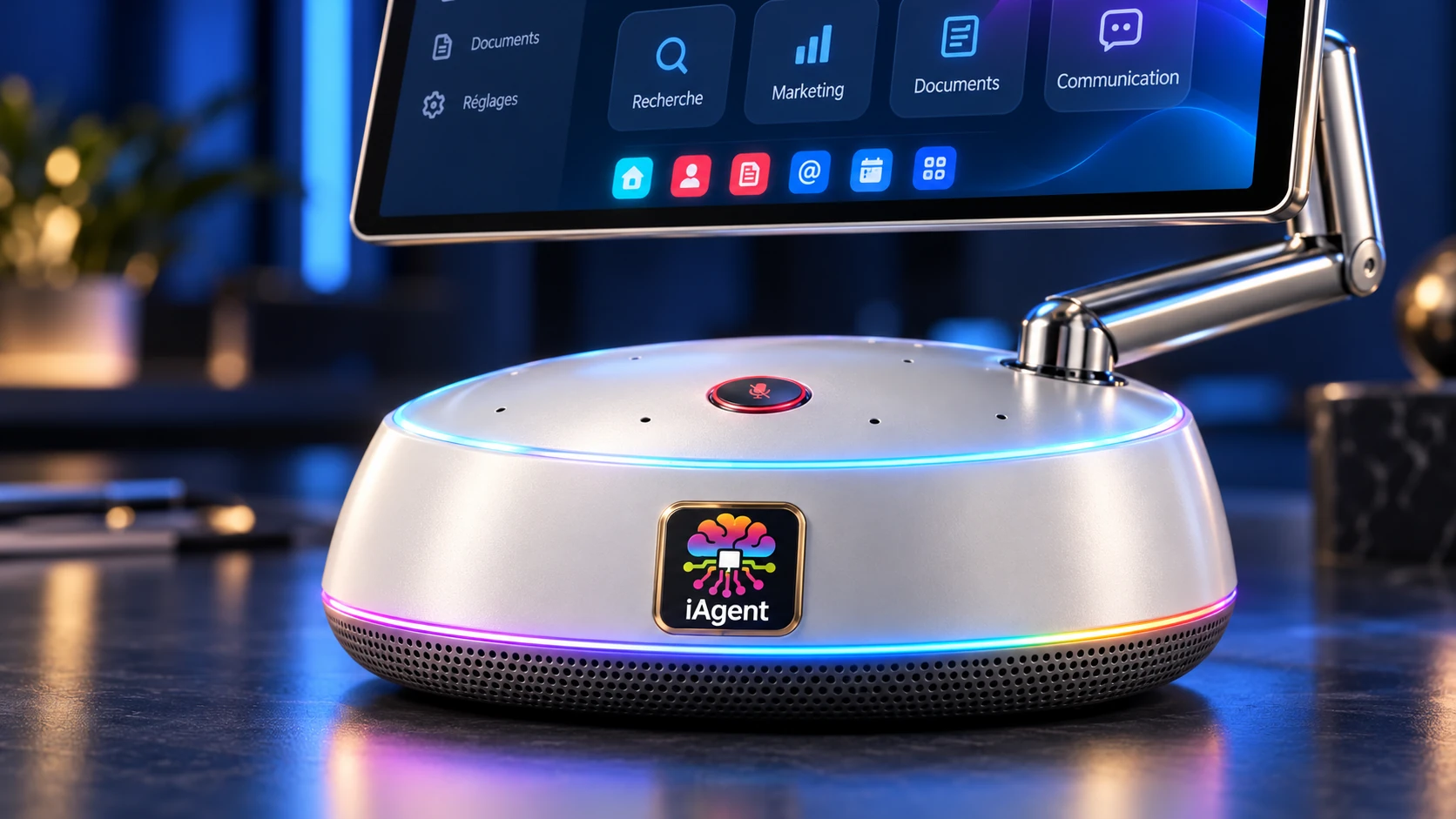 Agrandir Gros plan sur la base de la Station iAgent : aluminium, badge iAgent, bouton de confidentialité et anneau lumineux