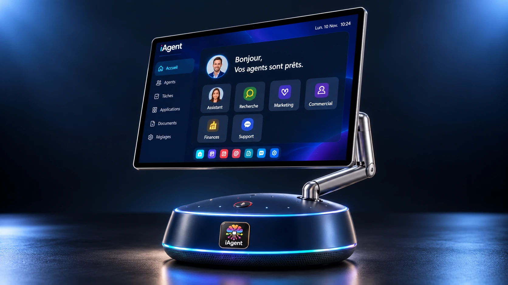 Agrandir La Station iAgent en Deep Navy : écran tactile 27 pouces sur bras articulé, base ronde et anneau lumineux